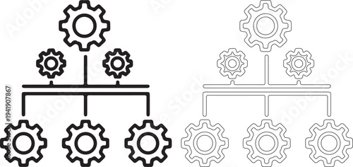Black and white gear icons in hierarchical flowchart