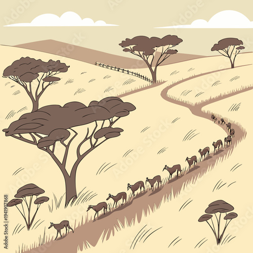 A herd of elegant antelopes migrates across a savanna landscape with scattered acacia trees and winding paths
