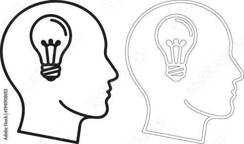 Two human head silhouettes with light bulb ideas
