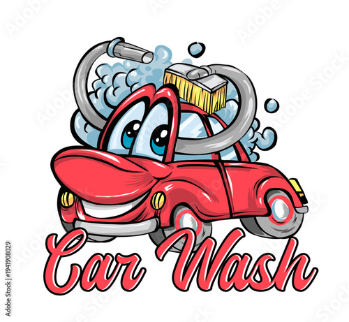 Red car wash  cartoon character mascot logo design. vector illustration