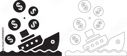 Black and white illustration of ships with money floating around them