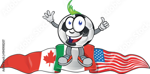 A cheerful cartoon soccer ball above the flags of the United States, Canada, and Mexico. vector illustration