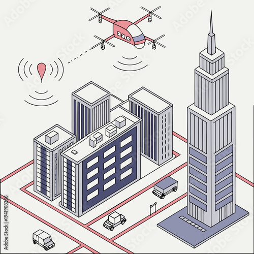 Drone delivery service in modern isometric city illustration with skyscraper and buildings