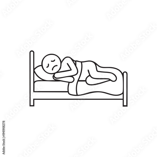 Tired Figure Lying in Bed Feeling Unwell or Depressed Simple Line Art Illustration Showing Exhaustion and Sadness Icon Representing Sleeplessness and Health Concerns