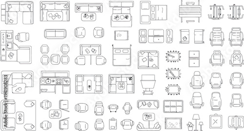 A collection of various technical blueprint drawings isolated on transparent background