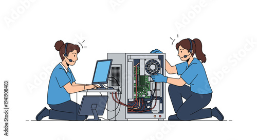 Two women in blue shirts and headsets are diligently working on a desktop computer, with one typing and the other repairing the open CPU tower.