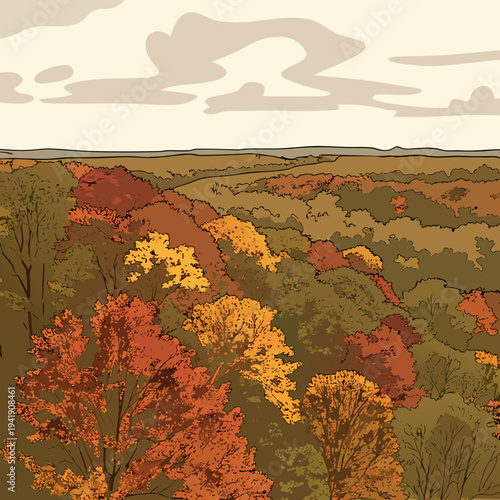 Panoramic view of a dense forest in autumn hues under a cloudy sky, showcasing vibrant fall foliage