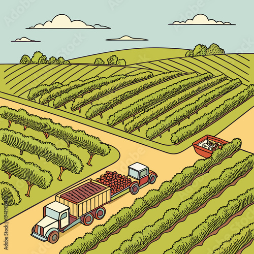 Vineyard harvest scene with tractor and truck collecting grapes illustration