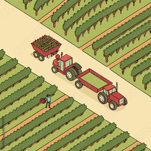 Vineyard cultivation with tractor plowing and worker tending grapes isometric