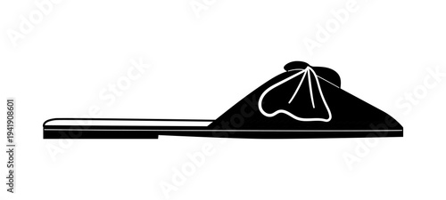 Black silhouette of an open toe slipper with decorative bow on the upper. Vector illustration of casual home footwear isolated on a white background.