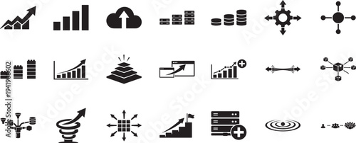 Scalability icon set representing business growth, cloud scaling, performance expansion, and system capacity.