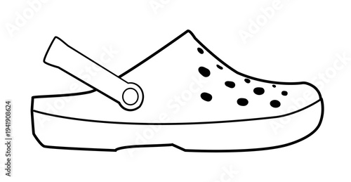 Line outline illustration of clog mules with buckle strap and closed toe. Vector illustration of casual comfort footwear isolated on a white background.