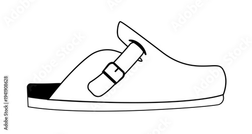 Line outline illustration of clog mules with buckle strap and closed toe. Vector illustration of casual comfort footwear isolated on a white background.