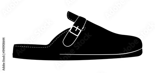 Black silhouette of a clog with adjustable strap and buckle. Minimal vector illustration of casual slip on footwear isolated on white background.