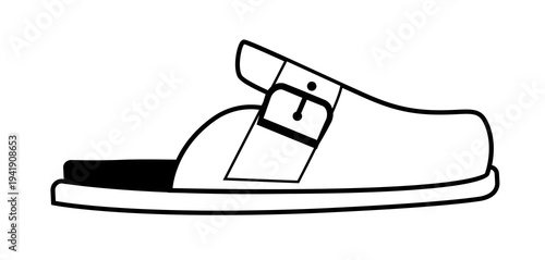 Line outline illustration of comfort sandal with buckle strap and closed toe. Vector illustration of ergonomic casual footwear isolated on a white background.