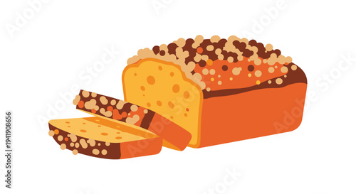 A freshly baked, rectangular loaf of bread with a richer orange-brown crust and varied granular toppings is presented with two thick slices.