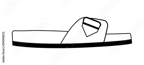 Line outline illustration of slide sandals with wide strap and decorative buckle. Vector illustration of casual summer footwear isolated on a white background.