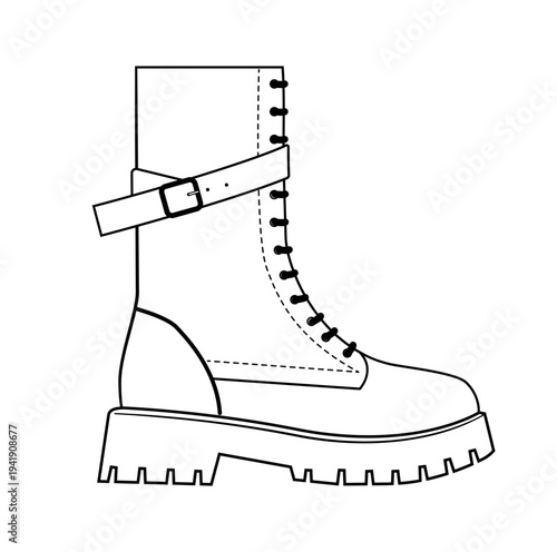 Line outline illustration of combat boots with platform sole, lace up closure and buckle strap. Fashion footwear vector illustration isolated on white background.
