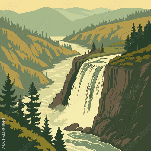 Majestic waterfall cascading in mountainous river landscape illustration