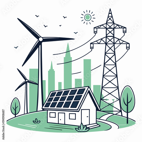 Renewable energy production landscape with wind turbines solar panel and power transmission tower