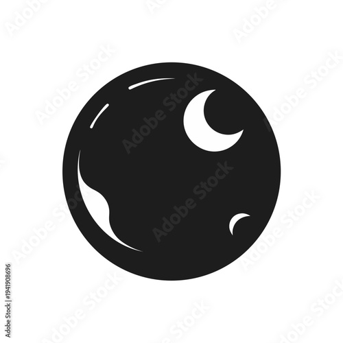 A sleek black and white depiction of a moon with a crescent phase