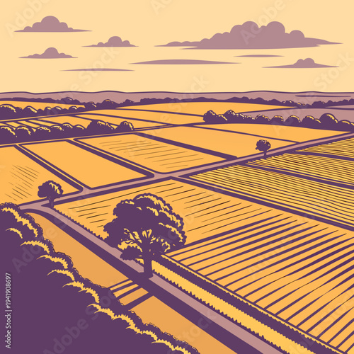 Golden agricultural fields and countryside landscape at dusk in stylized illustration