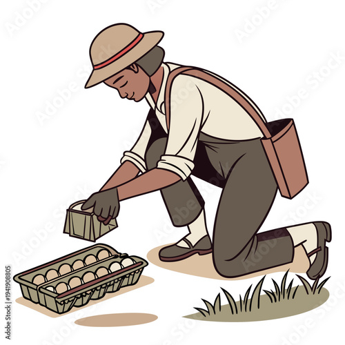 Man collecting eggs from carton on ground farmer