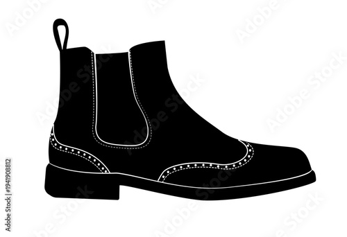 Black silhouette of chelsea boot with decorative brogue perforation and elastic side panels. Vector illustration of classic ankle footwear isolated on white background.