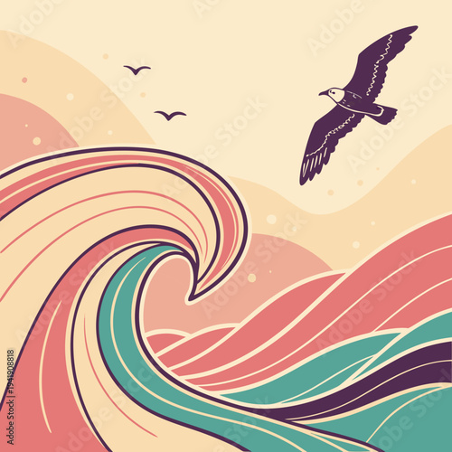 Stylized ocean wave with seagull flying under a warm, colored sky