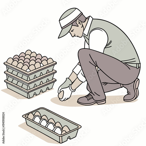 Man collecting eggs from carton boxes on farm countryside