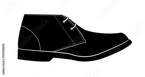 Line illustration of a classic chukka boot with two eyelets and simple ankle height design. Casual leather footwear isolated on white background.