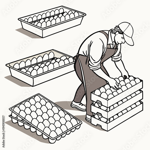 Man in apron and cap arranging eggs in stacked crates