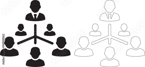 Organizational structure chart with leader and team members in black and white