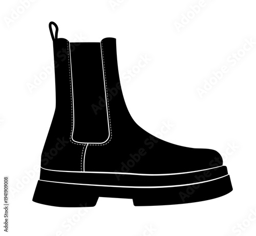Black silhouette of classic chelsea boot with elastic side panels and thick sole. Vector illustration of fashionable ankle footwear isolated on white background.