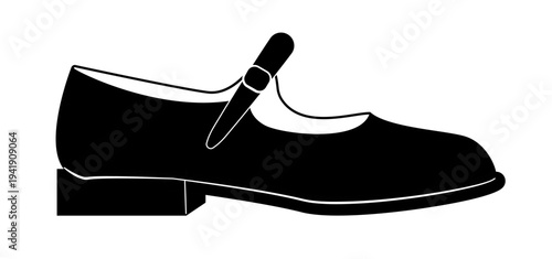 Black silhouette of classic Mary Jane shoes with buckle strap and low heel. Vector illustration of elegant female footwear isolated on a white background.