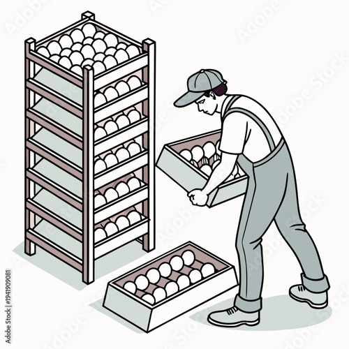 Man holding tray of eggs next to egg storage rack worker