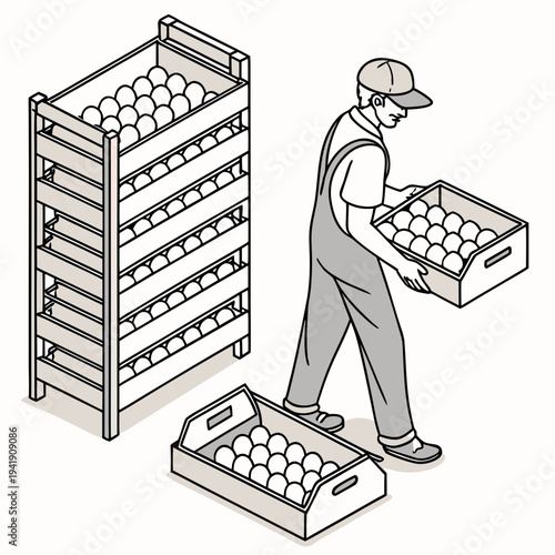 Man holding crate of eggs next to egg storage rack