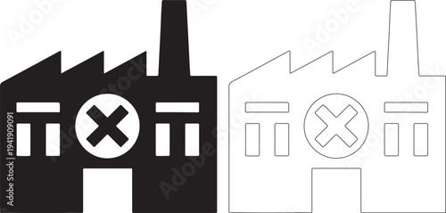Black and white factory building icons with x mark on windows isolated