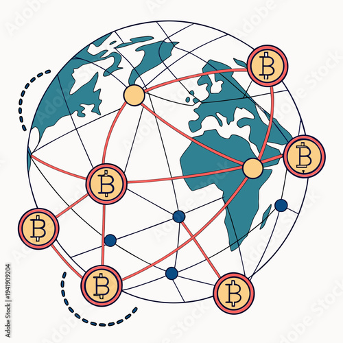 Global cryptocurrency bitcoin network with world map and connected nodes illustration