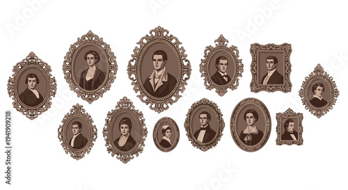 A scattered arrangement of twelve ornate, antique-style framed portraits in sepia tones, depicting people from an older era, are displayed.