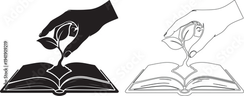 Hand holding a plant growing out of an open book in black and white