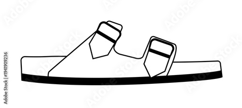 Line outline illustration of sandals with two adjustable buckle straps. Vector illustration of casual summer footwear isolated on a white background.