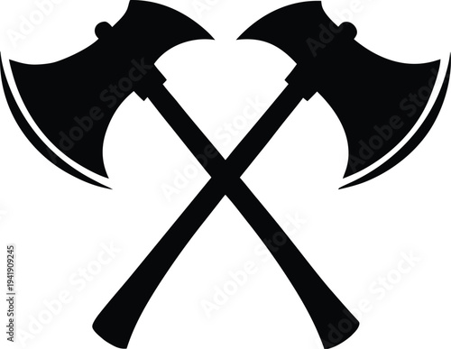 Two crossed axes vector silhouette isolated on checkered background for design