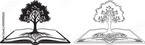 Black and white illustrations of trees growing out of open books