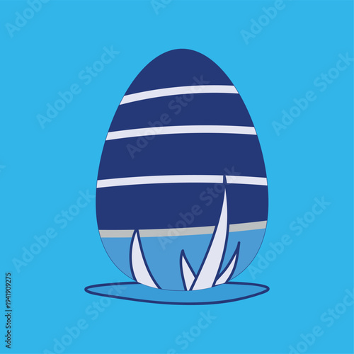Modern flat vector illustration of a decorated Easter egg with abstract lines, on blue background. Minimal spring holiday design perfect for greeting cards, banners, seasonal promotions, social media,