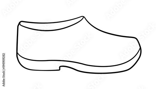Outline vector illustration of traditional Dutch wooden clogs without laces. Classic slip on wooden footwear isolated on white background.
