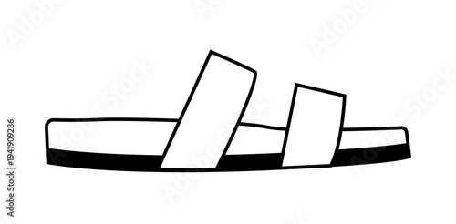 Minimal silhouette of an open sandal with two wide straps and flat sole. Vector illustration of summer casual footwear isolated on white background.