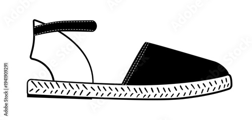 Line outline illustration of espadrille sandal with ankle strap and textured sole. Vector illustration of summer footwear isolated on a white background.