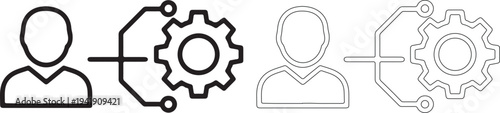 Black and white line icons of people and gears connected by lines