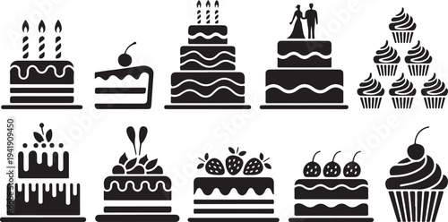 Bakery, cake silhouette icon set. Pastry and dessert icon collection for culinary projects 
